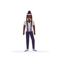 Long haired casual man standing pose smiling african american guy wearing trendy clothes male cartoon character full