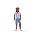 Long haired casual man standing pose smiling african american guy wearing trendy clothes male cartoon character full