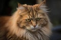 a long haired cat with green eyes looking at the camera with a serious look on its face, with a blurry background of trees in the