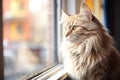 long-haired cat with playful shadow in sunlit window