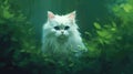 white cat amongst green leaves oil painting style Royalty Free Stock Photo