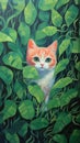 orange and white cat amongst green leaves oil painting style Royalty Free Stock Photo