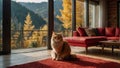 Long-haired cat in a room of a rustic mountain cottage in autumn Royalty Free Stock Photo