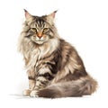 a long haired cat sitting down looking at the camera with a serious look on its face and eyes, with a white background, with a