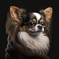 Long haired chihuahua chocolate brown and white, wearing a coat and glasses. Generative AI