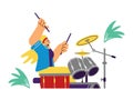 Long-haired drummer playing sound flat style, vector illustration