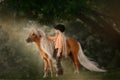 Little girl with palomino miniature horse in summer day