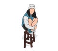 the long-haired man squatted on a chair