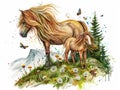 Long haired pony and foal on hillside