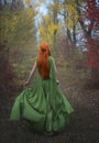 A long-haired red-haired elf girl runs away into the distance through the misty autumn forest. A fairy woman with long Royalty Free Stock Photo