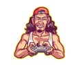 Long Haired Red Neck Gamer Holding Joystick Cartoon Mascot Logo Badge