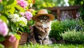 Fluffy cat wearing straw hat sitting in flower garden with hydrangeas, AI-generated Royalty Free Stock Photo