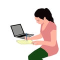 A Long-haired Woman with a laptop is jotting notes.