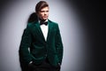 Long haired young man in velvet suit and bow tie Royalty Free Stock Photo