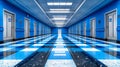 A long hallway with blue walls and checkered floors Royalty Free Stock Photo