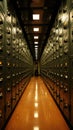 A long hallway filled with lots of metal lockers. Generative AI image.