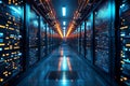 A long hallway filled with neatly arranged rows of servers, providing efficient data storage and processing capabilities, A three- Royalty Free Stock Photo