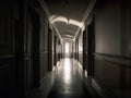 A long hallway with a light at the end of it. AI generative image. Royalty Free Stock Photo