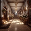 a long hallway with lots of flowers and chandeliers Royalty Free Stock Photo
