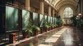 A long hallway with many plants and a few windows. AI