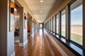 a long hallway in a modern home offering prairie views through ribbon windows