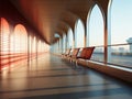 a long hallway with a row of empty benches