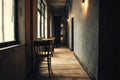 A long hallway with a wooden table and chairs, suitable for use in interior design or architecture illustrations Royalty Free Stock Photo