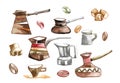 Long-handled turks, coffee pot and brown sugar with cocoa beans.