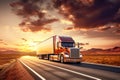 A long-haul semi-trailer is speeding down the highway to deliver a heavy load. Cargo transportation and logistics. Heavy truck Royalty Free Stock Photo