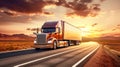 A long-haul semi-trailer is speeding down the highway to deliver a heavy load. Cargo transportation and logistics. Heavy truck Royalty Free Stock Photo