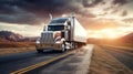 A long-haul semi-trailer is speeding down the highway to deliver a heavy load. Cargo transportation and logistics. Heavy truck Royalty Free Stock Photo