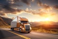 A long-haul semi-trailer is speeding down the highway to deliver a heavy load. Cargo transportation and logistics. Heavy truck Royalty Free Stock Photo