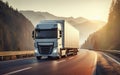 Long Haul Semi-Truck with Cargo Trailer Full of Goods Travels At Night on the Freeway Road