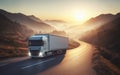 Long Haul Semi-Truck with Cargo Trailer Full of Goods Travels At Night on the Freeway Road