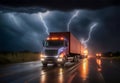 Long Haul Semi-Truck with Cargo Trailer at Night Driving Through Rain