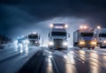 Long Haul Semi-Truck with Cargo Trailer at Night Driving Through Rain and Snow
