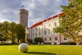 Long Herman tower and Governor`s garden with parliament building Riigikogu in old town, Tallinn, Estonia