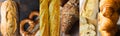 Long high resolution banner for bakeries pastry shops. Variety assortment of different kinds of bread baked goods baguettes Royalty Free Stock Photo