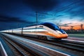 a long high-speed train travels at high speed around small town, a mountain, nature, motion fast, motion blur, sunset time Royalty Free Stock Photo
