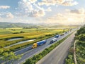 A long highway with many trucks on it Royalty Free Stock Photo