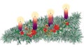 Long horizontal decorated Advent wreath with four purple candles Royalty Free Stock Photo