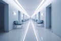 Long hospital bright corridor with rooms and blue seats 3D rendering Royalty Free Stock Photo