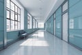 Long hospital bright corridor with rooms and blue seats 3D rendering Royalty Free Stock Photo