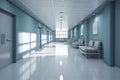 Long hospital bright corridor with rooms and blue seats 3D rendering Royalty Free Stock Photo