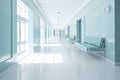 Long hospital bright corridor with rooms and blue seats 3D rendering Royalty Free Stock Photo