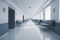 Long hospital bright corridor with rooms and blue seats 3D rendering Royalty Free Stock Photo