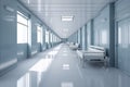 Long hospital bright corridor with rooms and blue seats 3D rendering Royalty Free Stock Photo