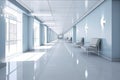 Long hospital bright corridor with rooms and blue seats 3D rendering Royalty Free Stock Photo