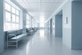 Long hospital bright corridor with rooms and blue seats 3D rendering Royalty Free Stock Photo