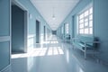 Long hospital bright corridor with rooms and blue seats 3D rendering Royalty Free Stock Photo